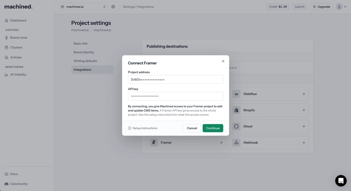 Connect Framer dialog with the project address and API key entered