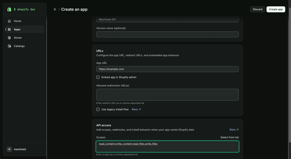The Create an app form with Embed app in Shopify admin unticked and scopes entered