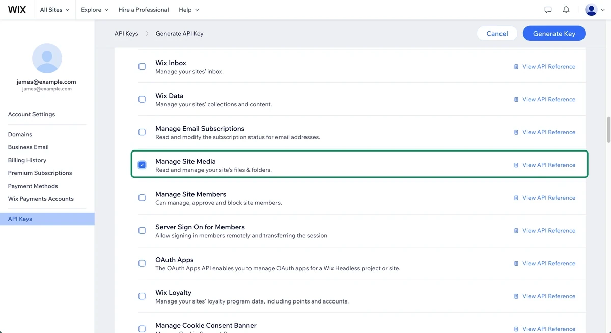 Manage Site Media ticked when generating a Wix API key