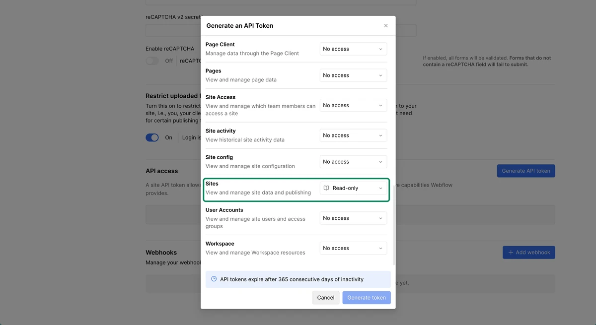 Generate an API Token dialog with Sites set to Read-only