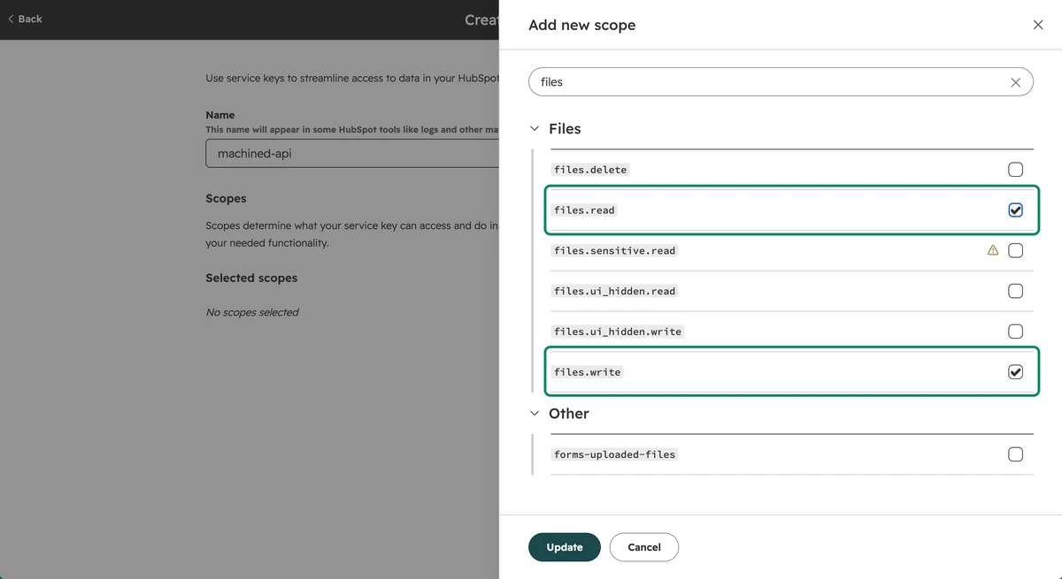 The files.read and files.write scopes ticked in HubSpot's Add new scope panel