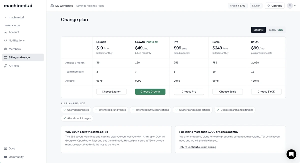Plans page, with monthly billing selected