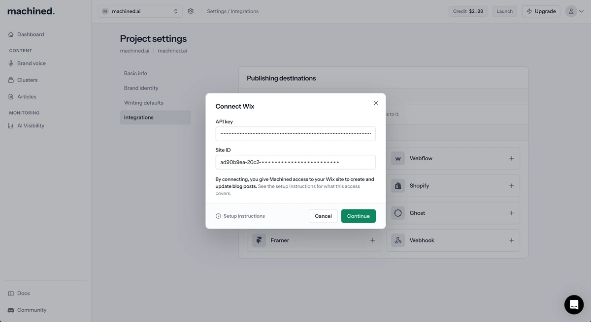 Connect Wix dialog with the API key and site ID entered