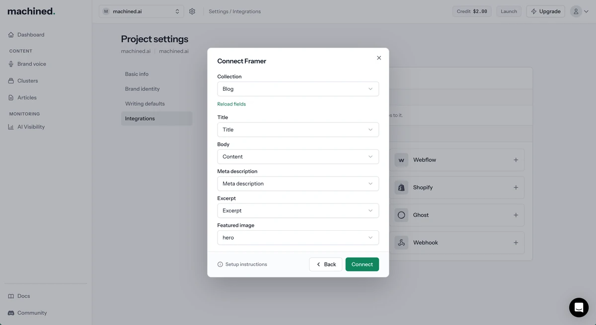 Connect Framer dialog with a collection chosen and its fields mapped