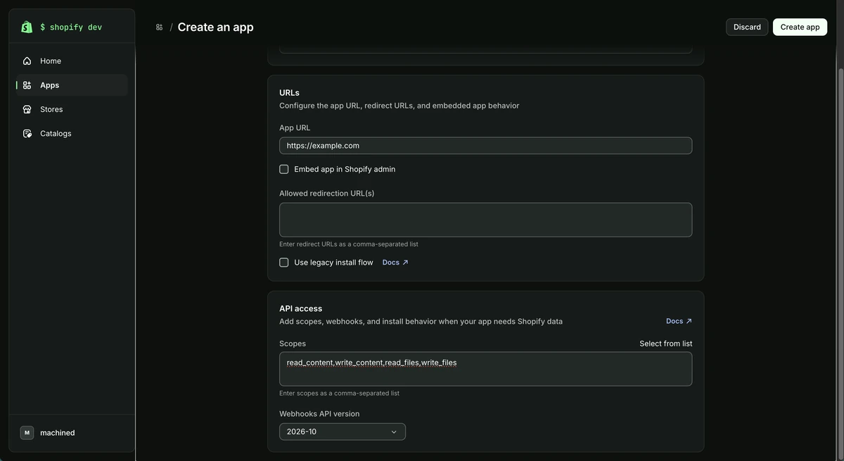 The bottom of the Create an app form, showing the scopes and Webhooks API version