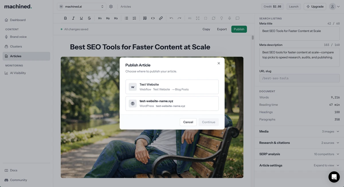 Publish Article dialog listing a Webflow and a WordPress destination