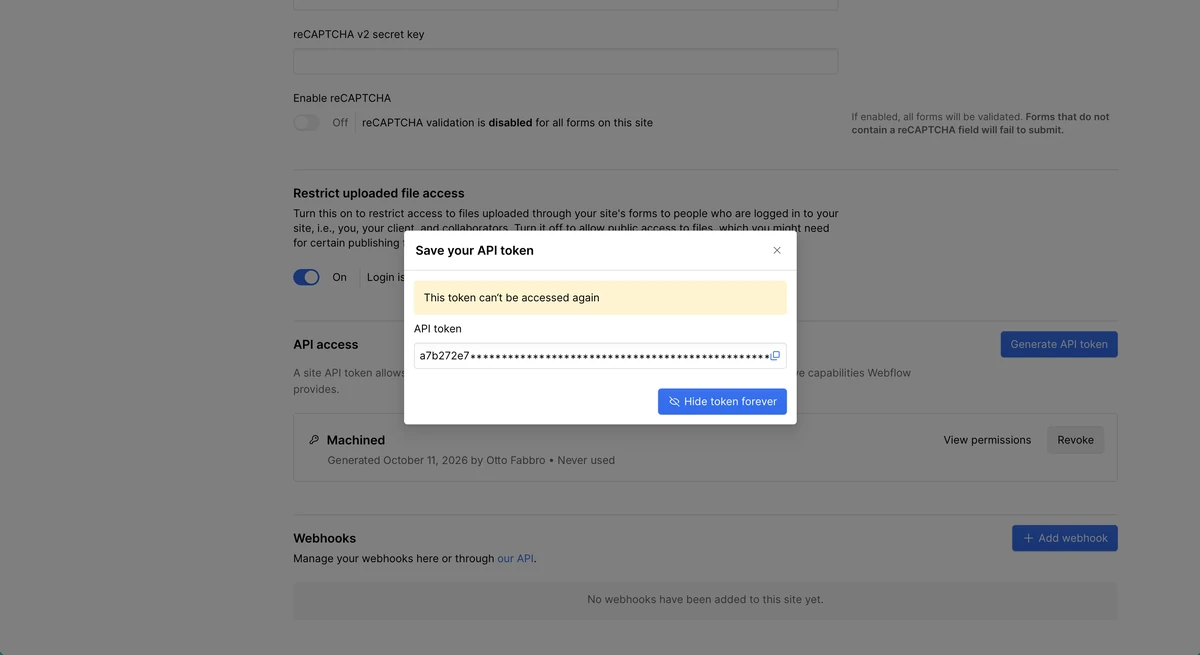 Save your API token dialog showing the new token, partly hidden