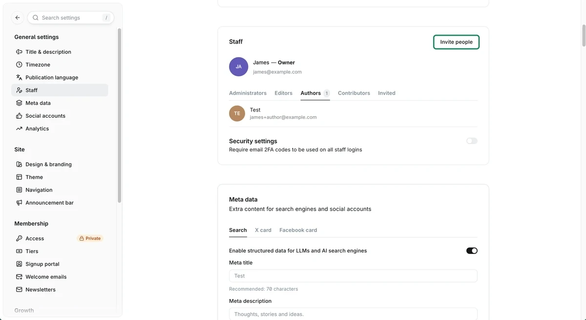 Staff section in Ghost settings with the Invite people button and a user on the Authors tab