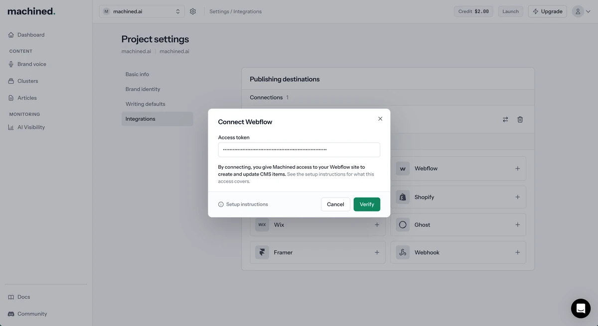 Connect Webflow dialog with the access token entered and the Verify button