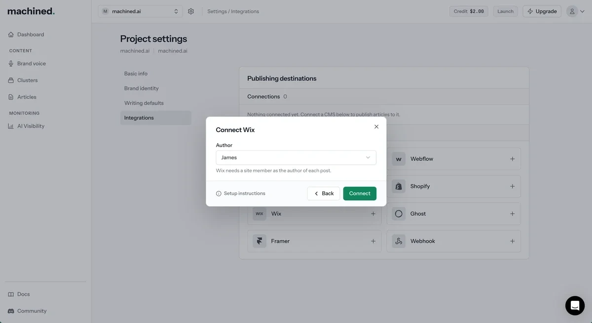 Connect Wix dialog with a site member chosen as the author