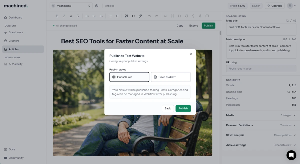 Publish to Webflow dialog with Publish live and Save as draft options