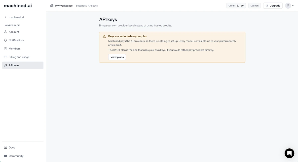 API keys on a hosted plan