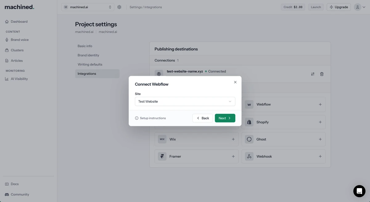 Connect Webflow dialog with a site chosen from the Site menu