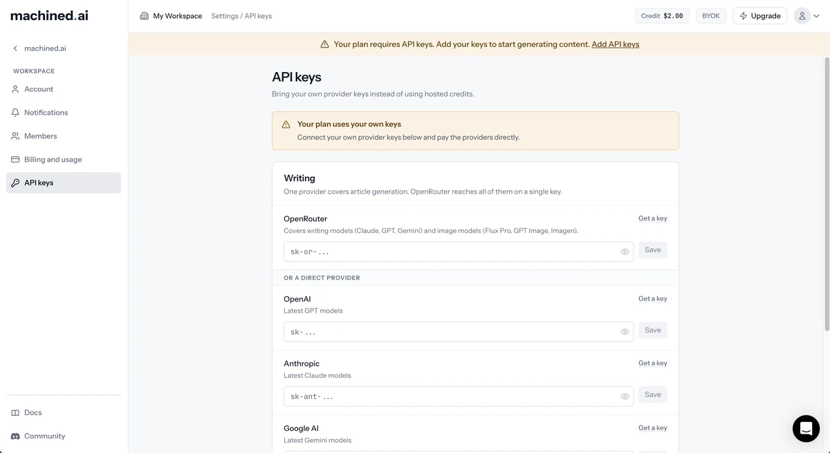 API keys page on the BYOK plan