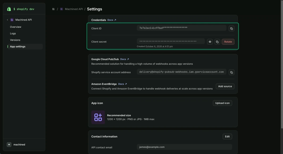 Credentials section of the app settings, showing the client ID and client secret