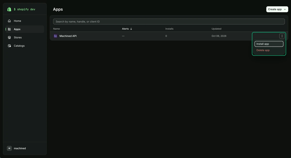 Apps list in the Dev Dashboard with the Install app option highlighted