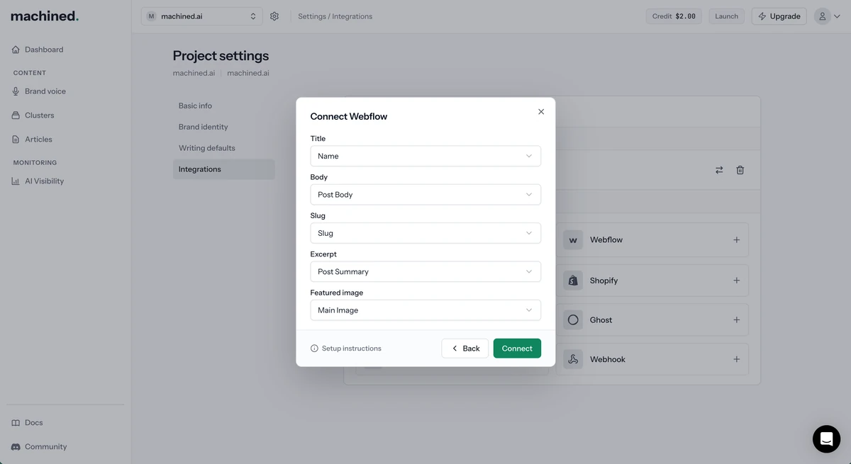 Connect Webflow dialog mapping Title, Body, Slug, Excerpt and Featured image to the collection's fields