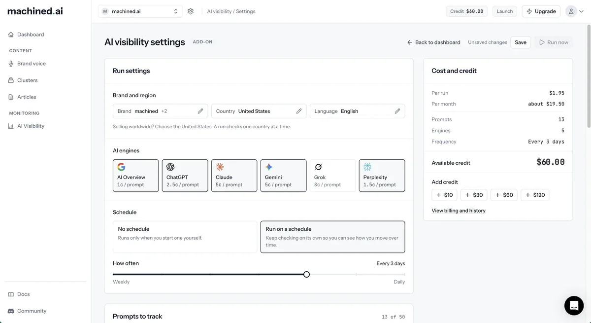 AI visibility settings, showing Run settings (brand and region, AI engines, schedule) and the Cost and credit card