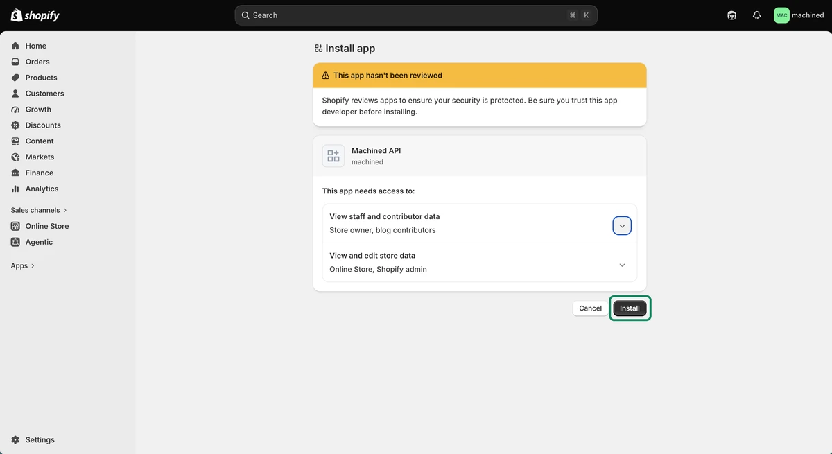 Install app screen in the Shopify admin with the Install button highlighted