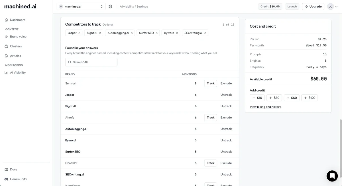 Competitors to track, with six tracked competitors and the Found in your answers list with Track, Exclude and Untrack buttons