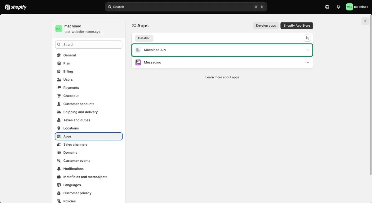 Installed apps list in Shopify settings showing the new app
