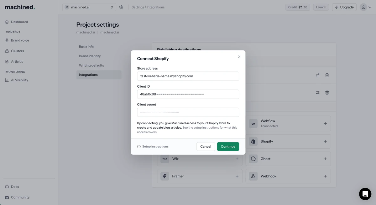 Connect Shopify dialog with the store address, client ID and client secret entered