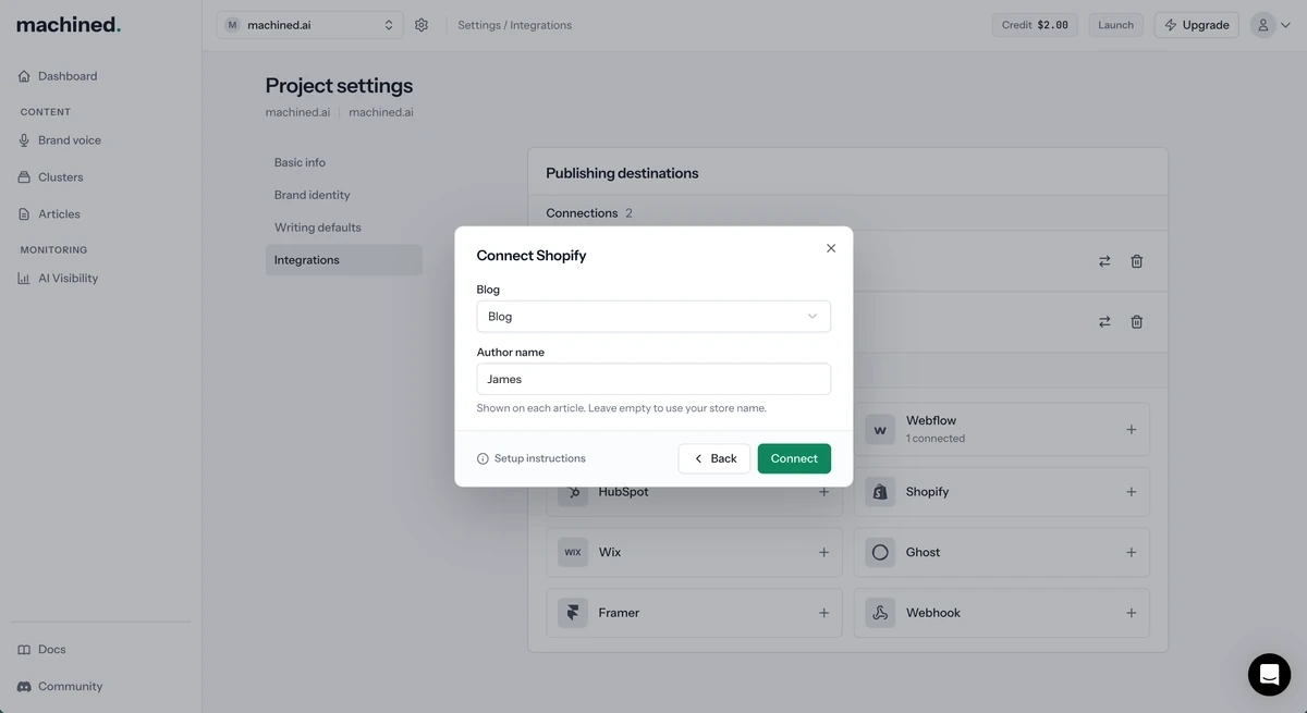 Connect Shopify dialog with a blog chosen and an author name entered