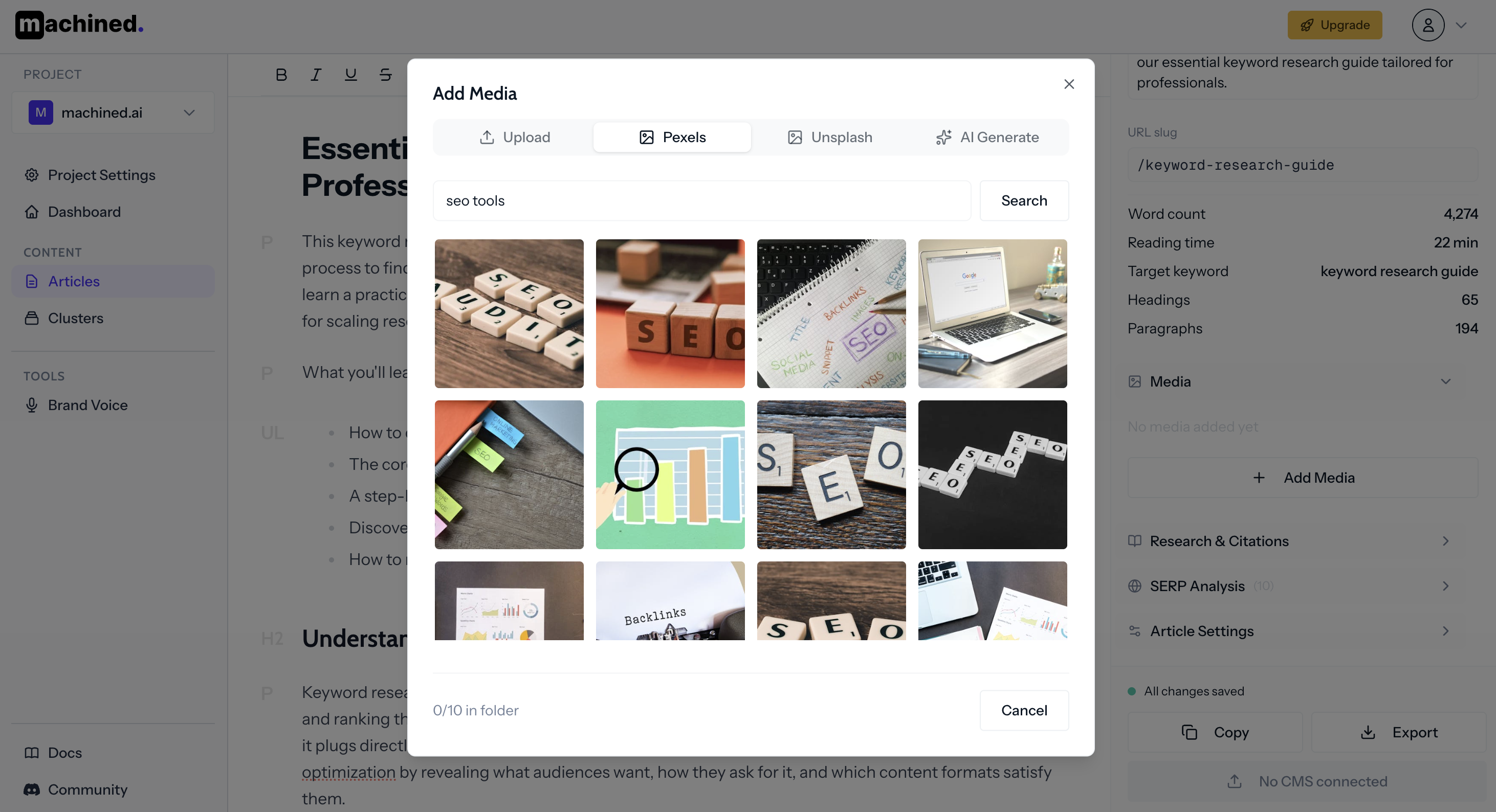 Add Media modal showing AI image generation