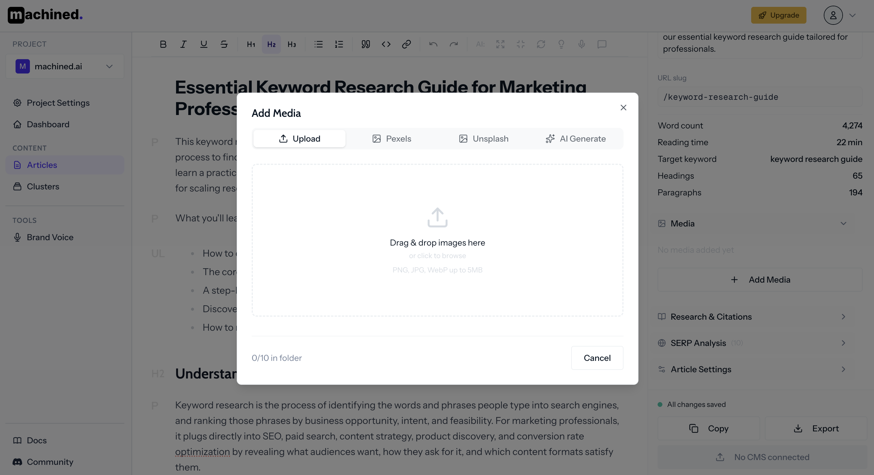 Add Media modal showing Pexels stock photo search