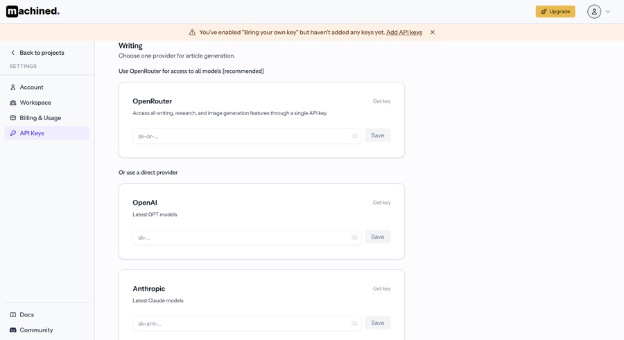 API Keys settings with BYOK enabled