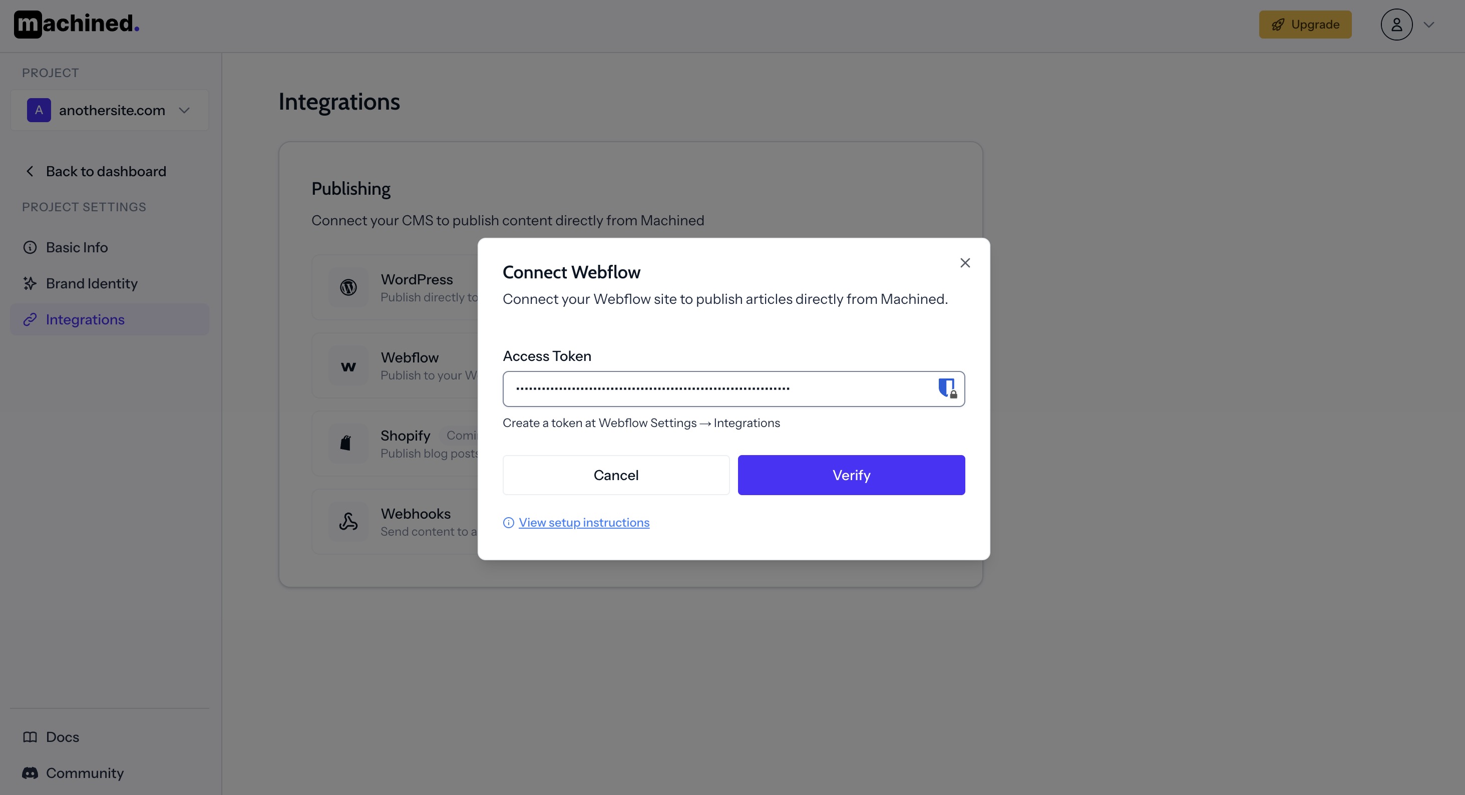 Webflow access token filled in