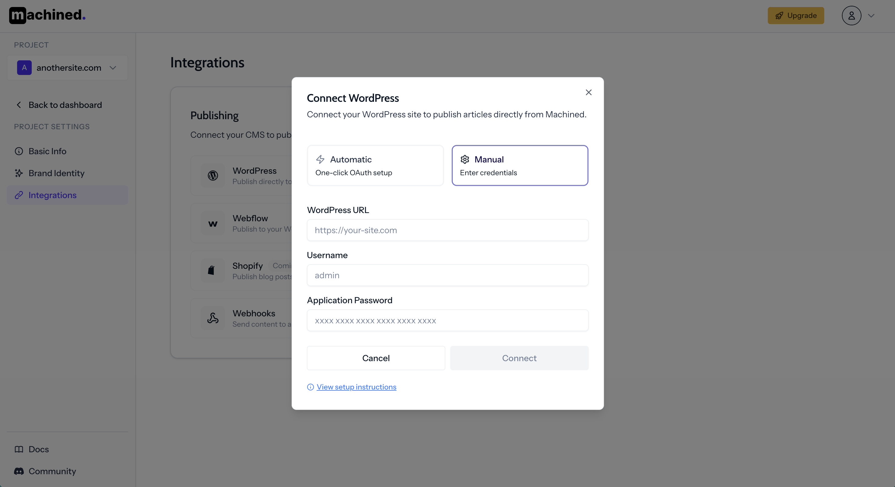 Manual connection form with URL, username, and application password fields