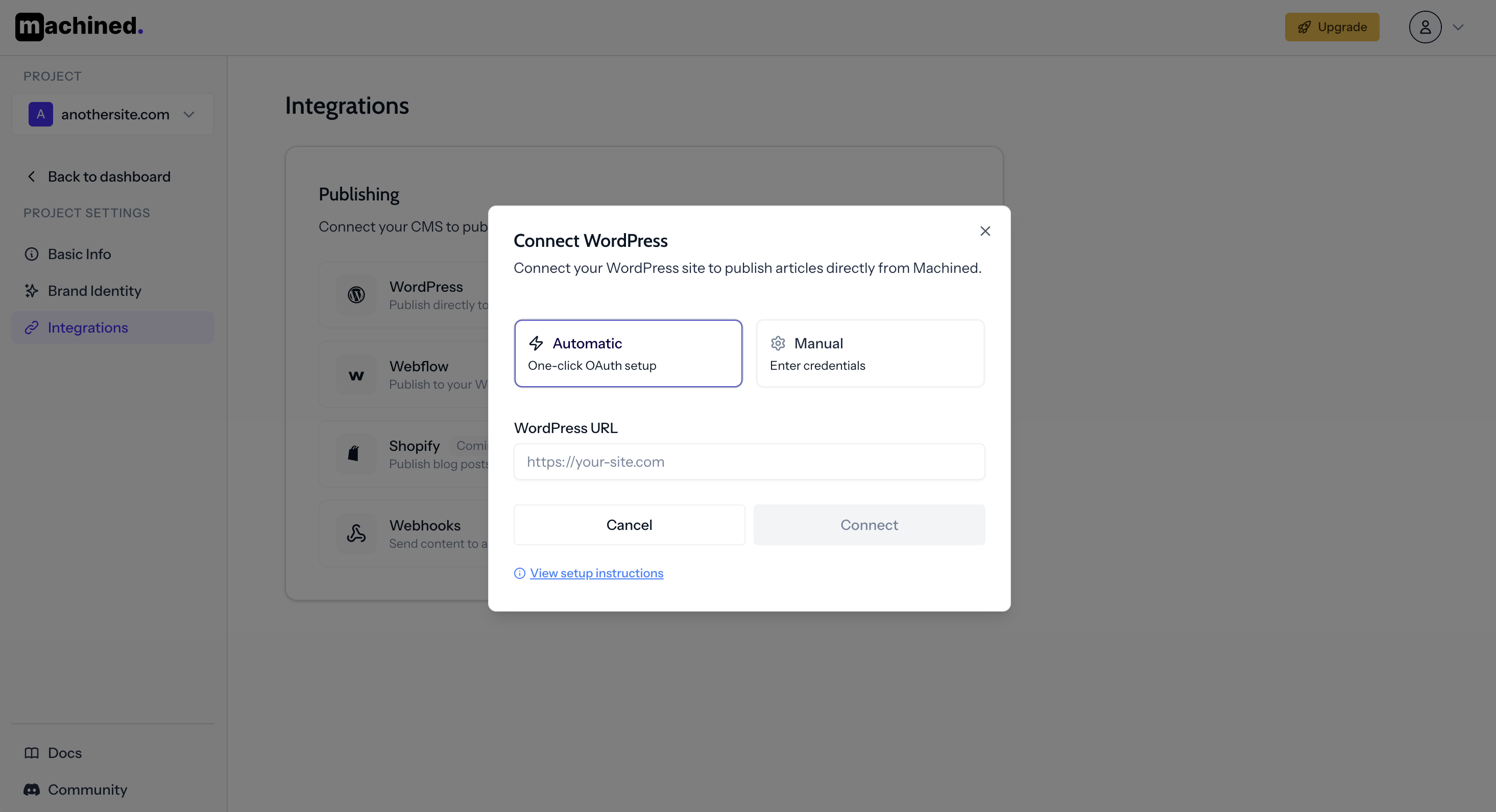 Connect WordPress modal showing Automatic and Manual options
