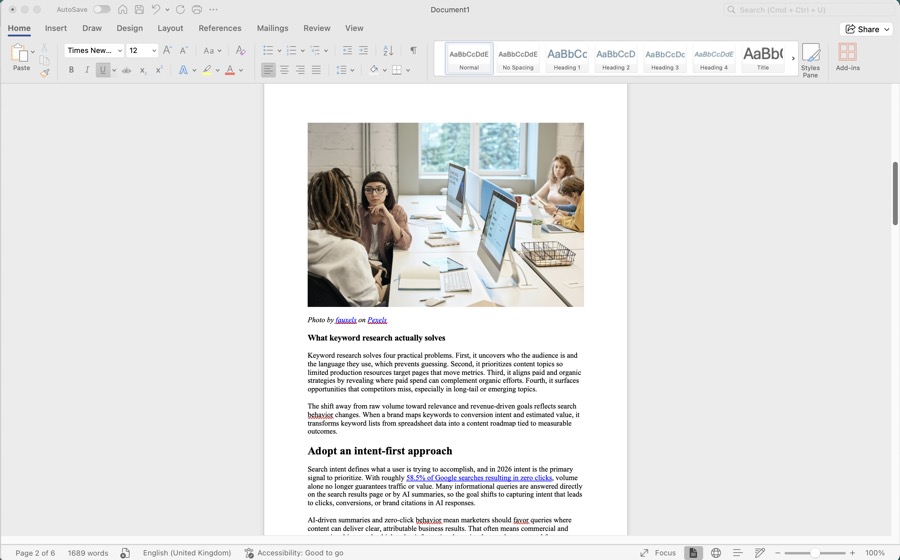 Article pasted into Microsoft Word with formatting preserved