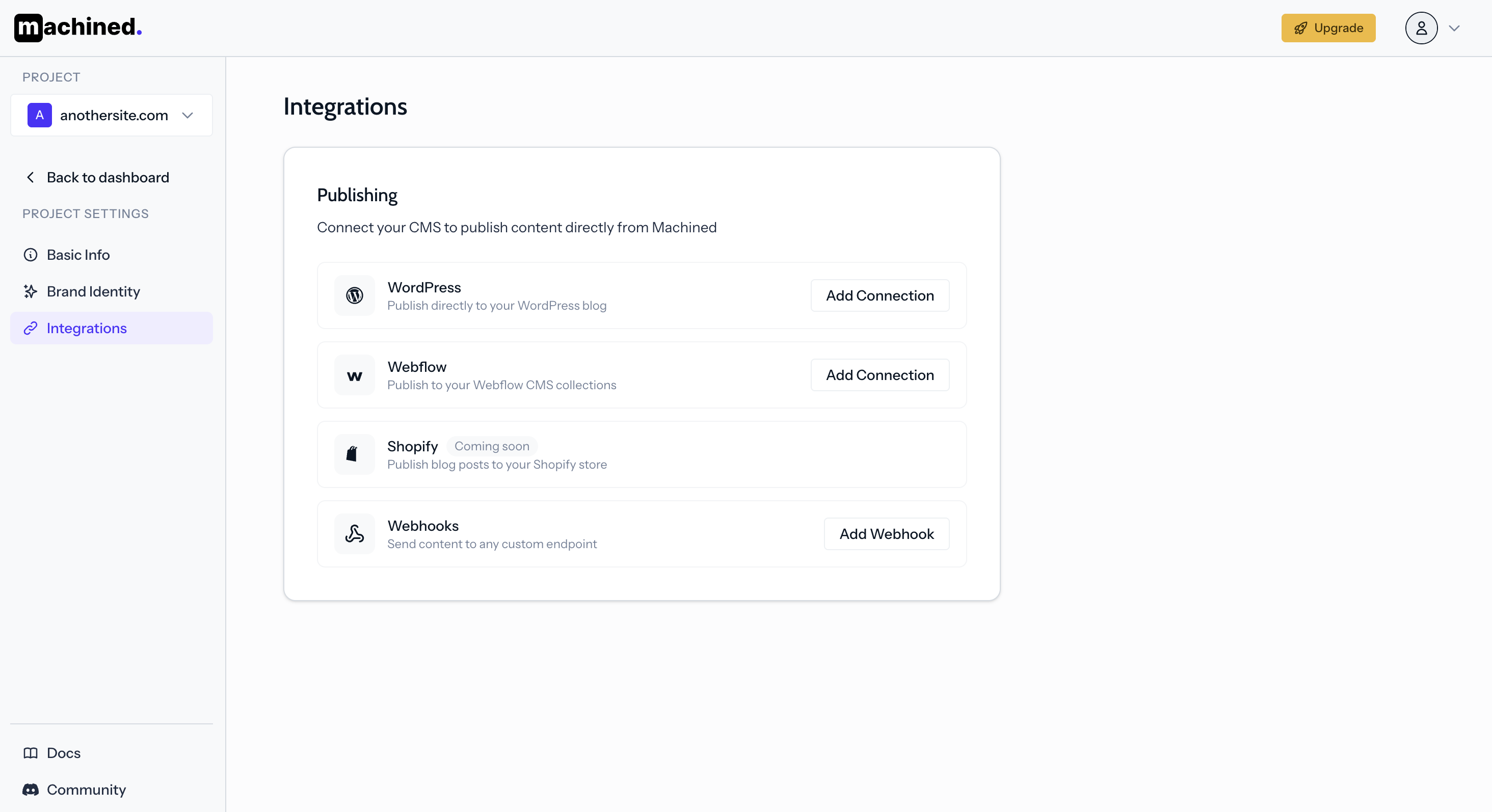 Integrations page showing WordPress, Webflow, and Webhooks