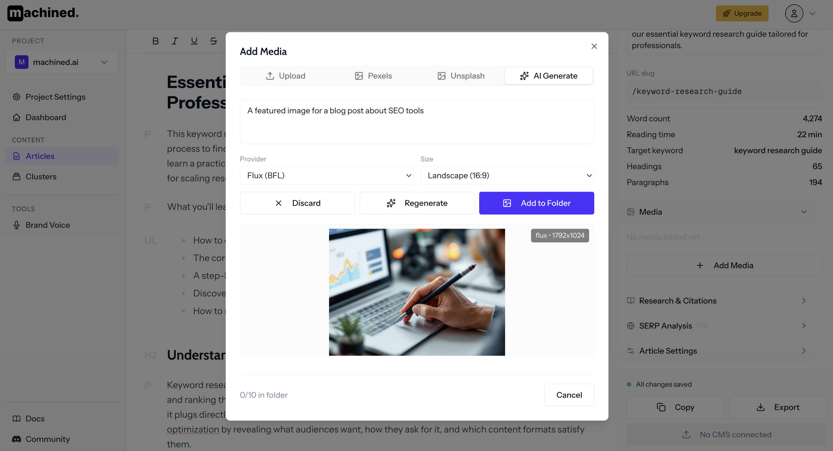 New article modal with image settings expanded