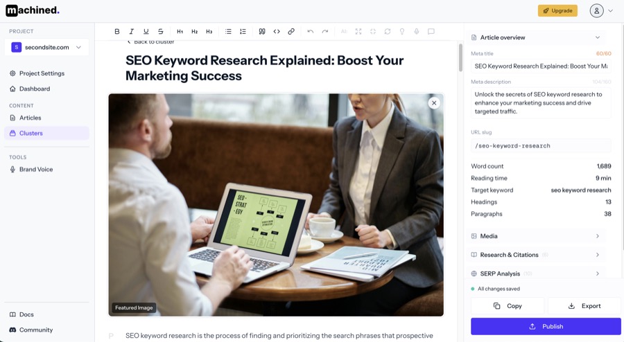 Article editor showing the Publish button