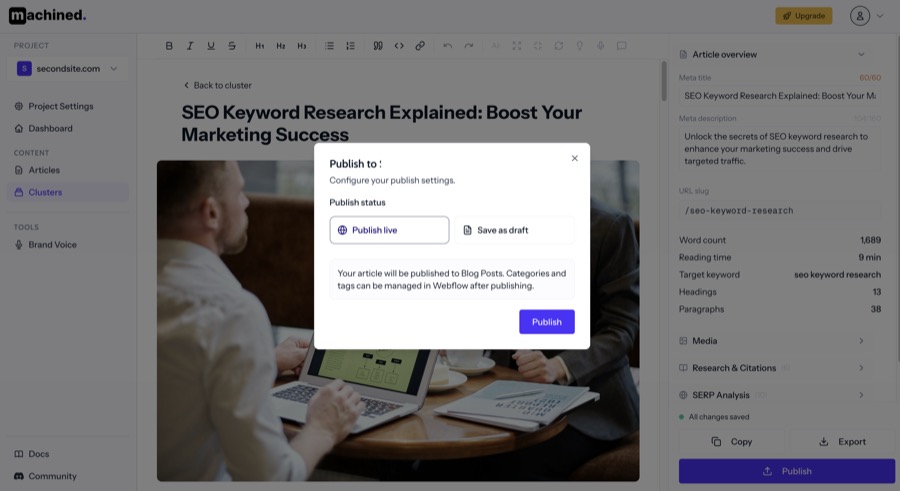 Publish modal showing connection and status options