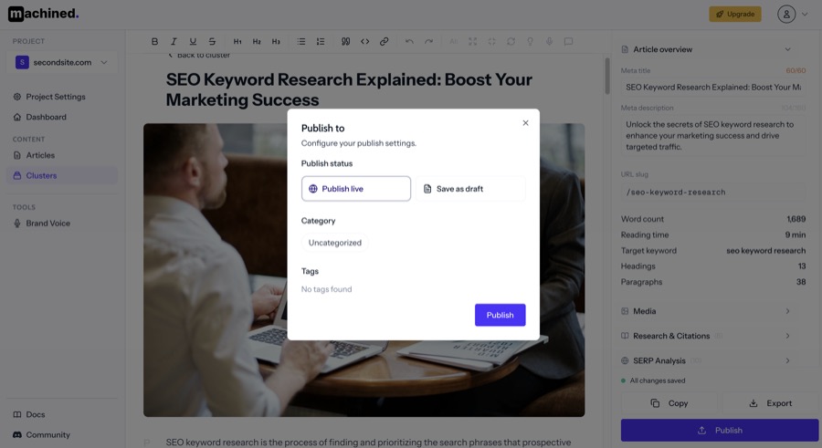 Publish modal showing connection, status, category, and tags