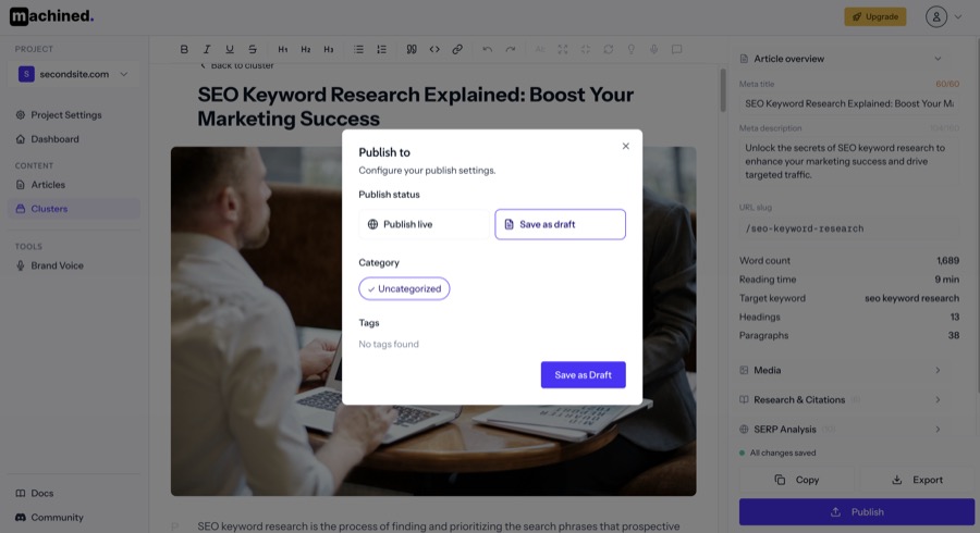 WordPress publish modal with Save as draft selected