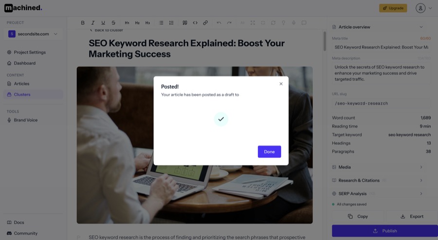 Success confirmation after publishing