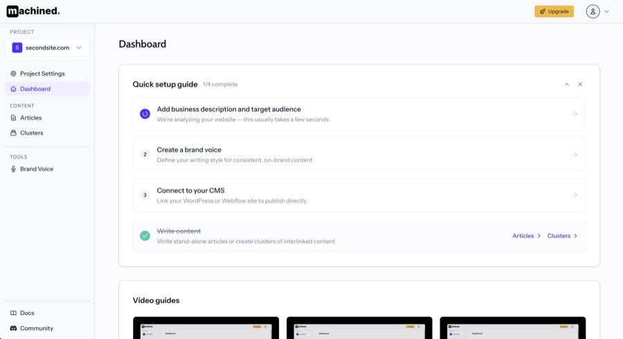 Machined dashboard after onboarding