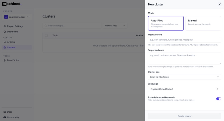 New cluster modal