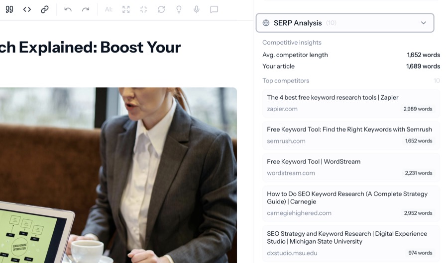 SERP Analysis panel showing competitive insights and top competitors