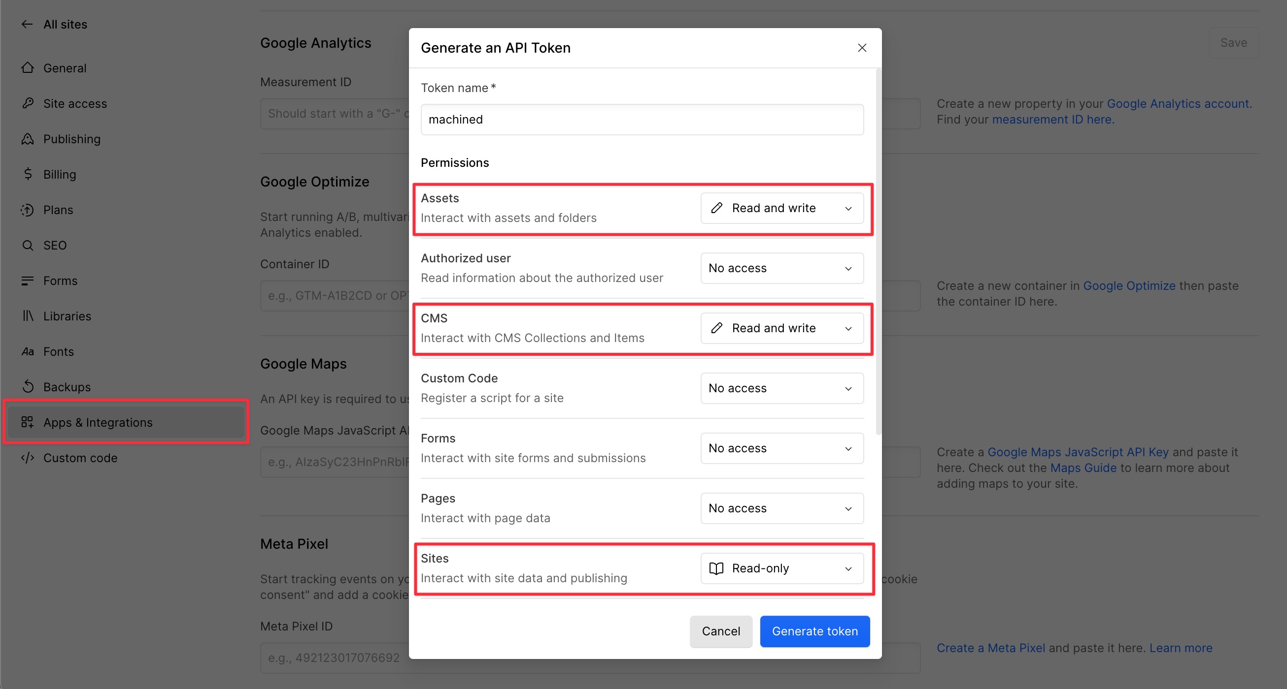 Webflow API token generation in the Webflow dashboard