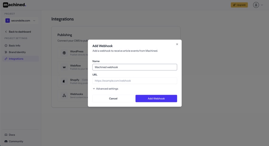 Add Webhook modal showing name and URL fields