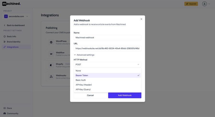 Authentication options including Bearer Token, Basic Auth, and API Key