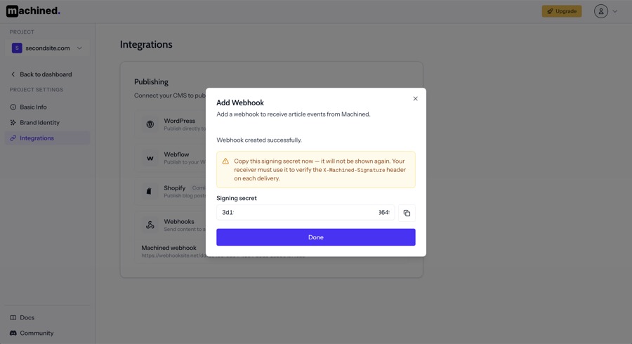 Signing secret shown after webhook creation