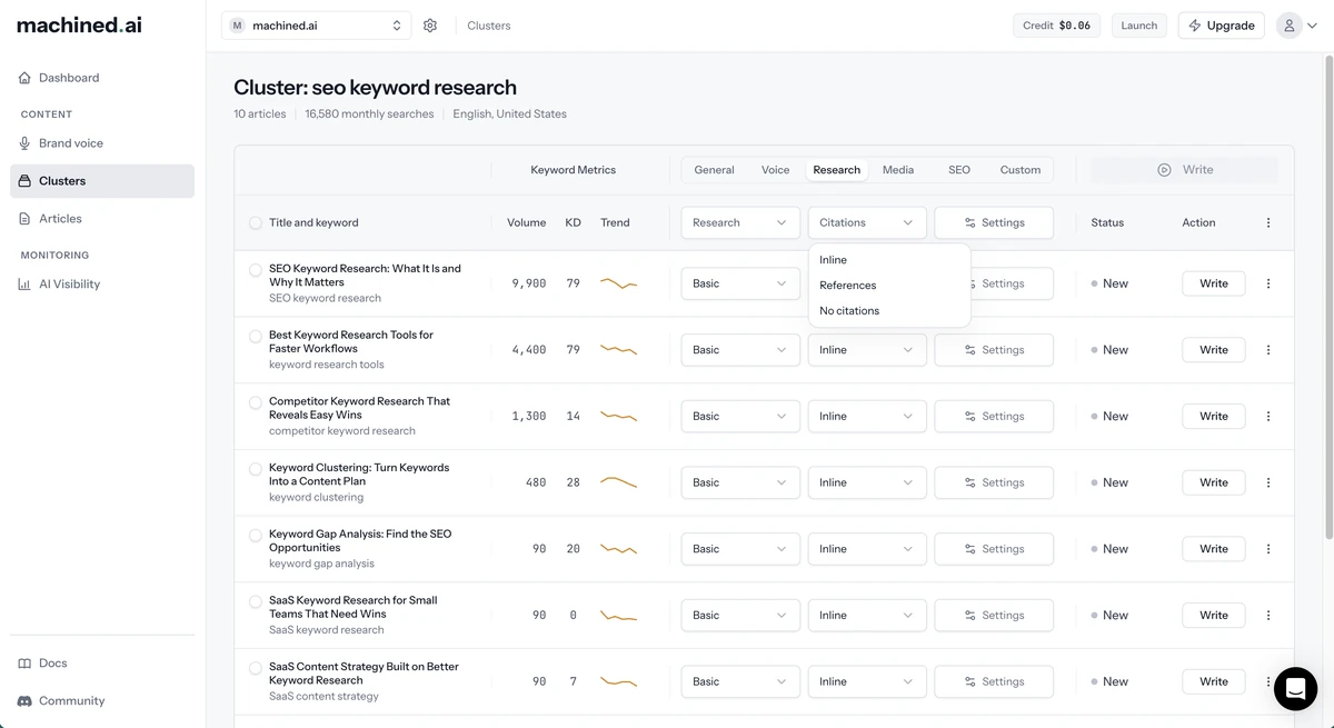 Setting research depth and citation style for each article in a cluster, with inline citations chosen.