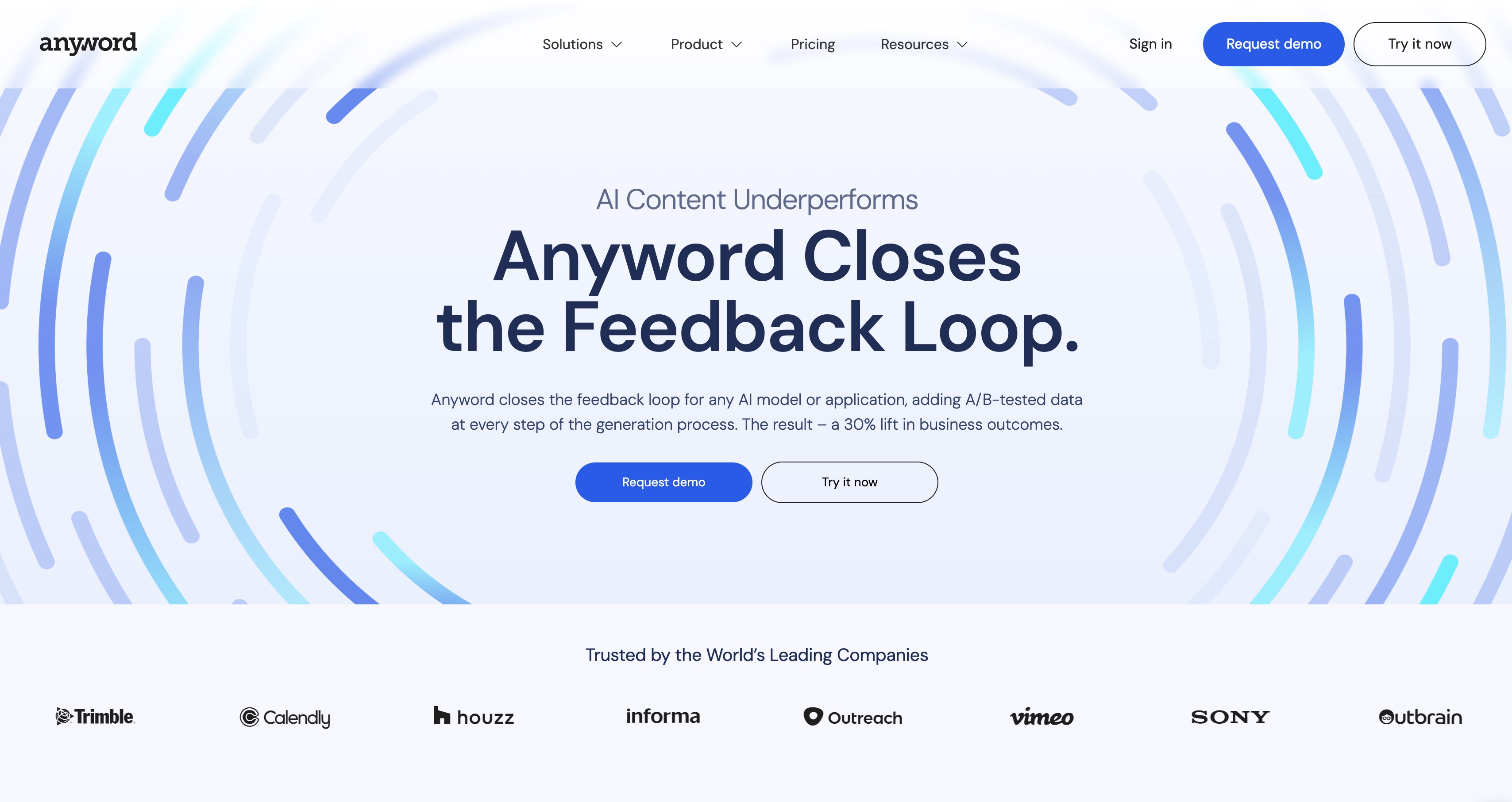 Anyword homepage, "Anyword Closes the Feedback Loop," pitching A/B-tested data for AI-generated content